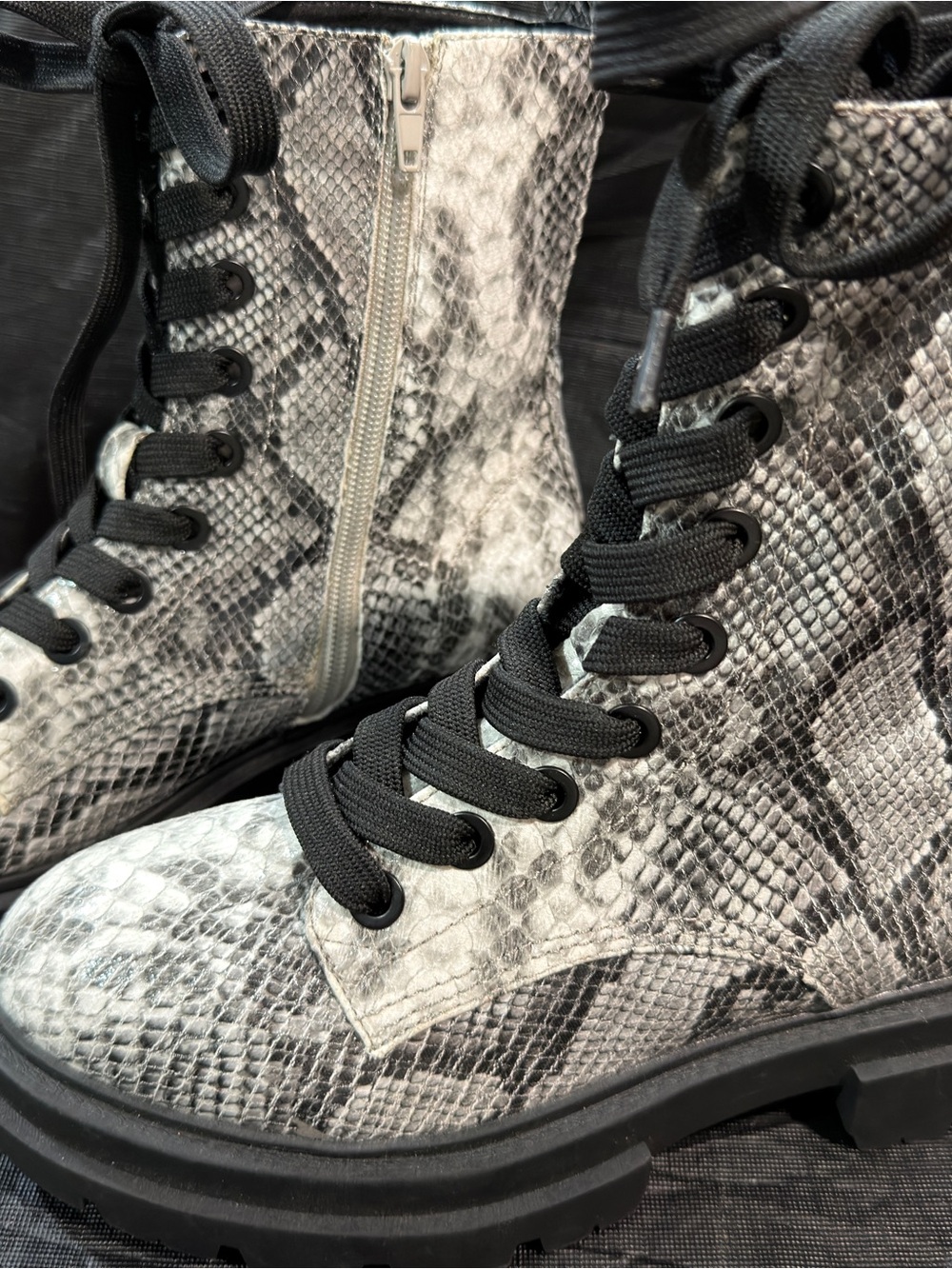 Dolce Vita “Fume” Women's Snake-Print Combat Boots in Black and Gray Size 8